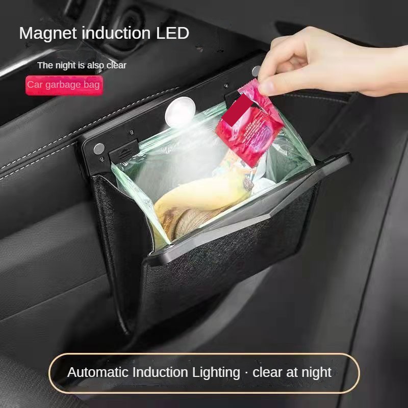 Sac poubelle multifonctionnel pour voiture avec boucle magnétique,Poubelle  de sac de rangement de voiture Poubelle de voiture portable LED