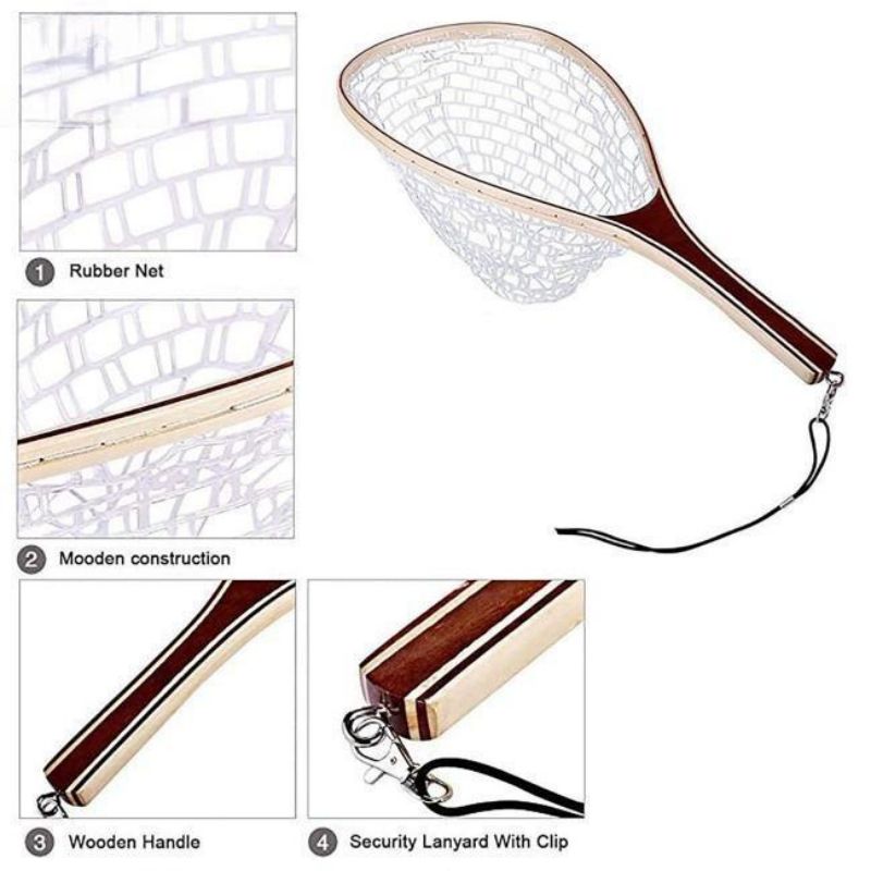 Premium Wooden Handle Fishing Net - Silicone Mesh Hand Fishing Net -  Perfect for Fly Fishing!
