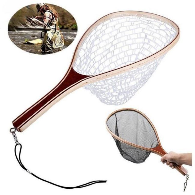 Premium Wooden Handle Fishing Net Silicone Mesh Hand Fishing