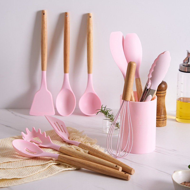 12-Piece Silicone Kitchen Cooking Utensils Set with Holder, Wooden Handle Utensils for Cooking, Kitchen Tools Include Spatula Turner Spoons Soup Ladle