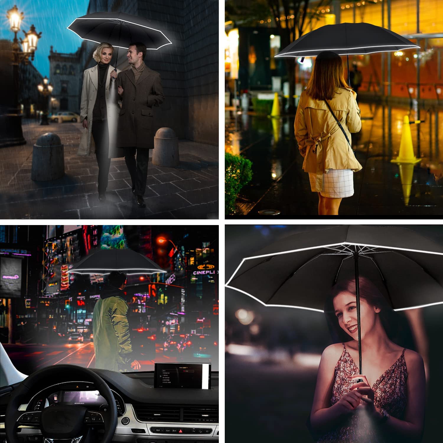 fully automatic uv protection umbrella with led flashlight viscose material foldable casual   reflective stripe reverse open large parasol for rain   insulation details 1