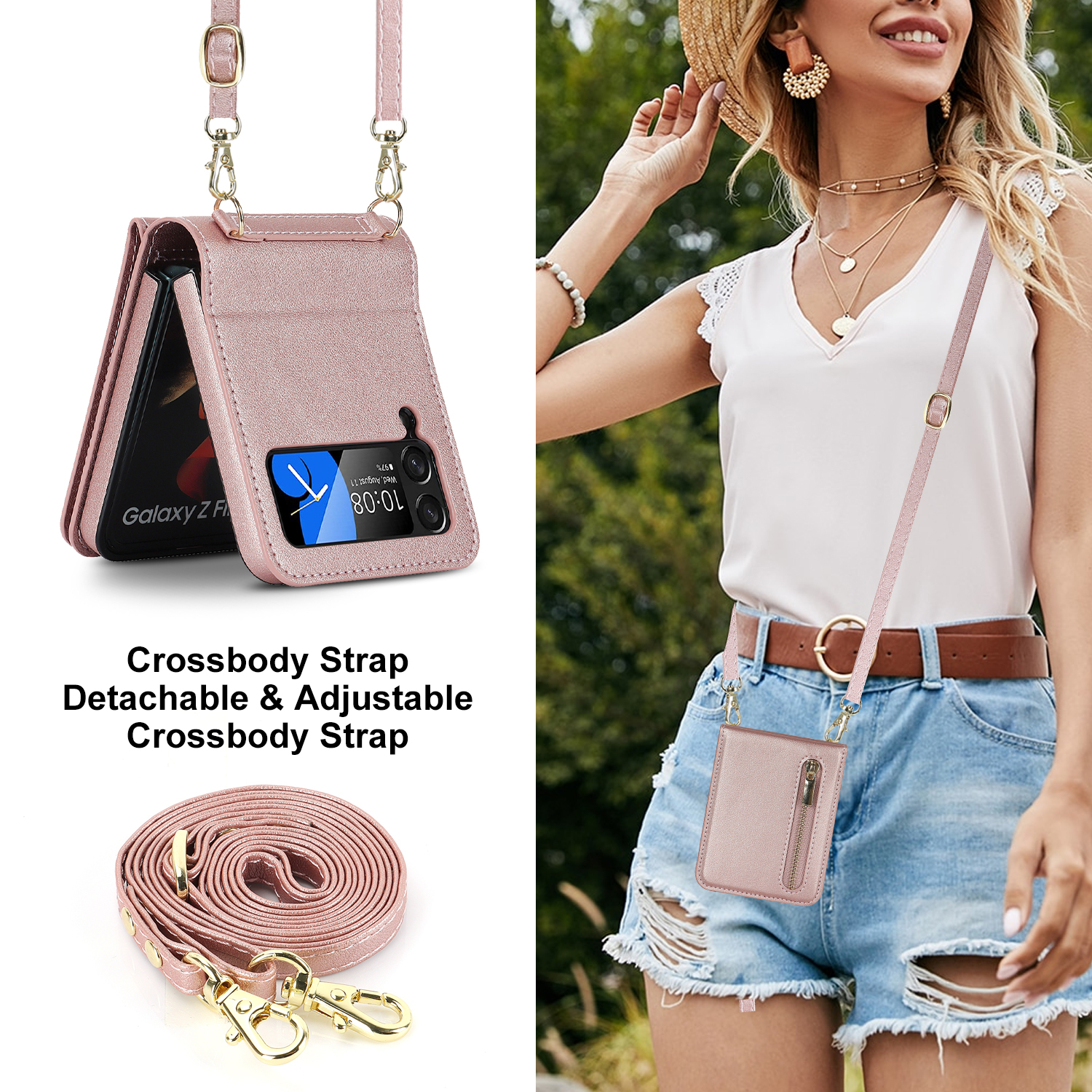 Housse de portefeuille en cuir Crossbody Lanyard pour Samsung Galaxy Z Flip  4 avec fente pour support de carte