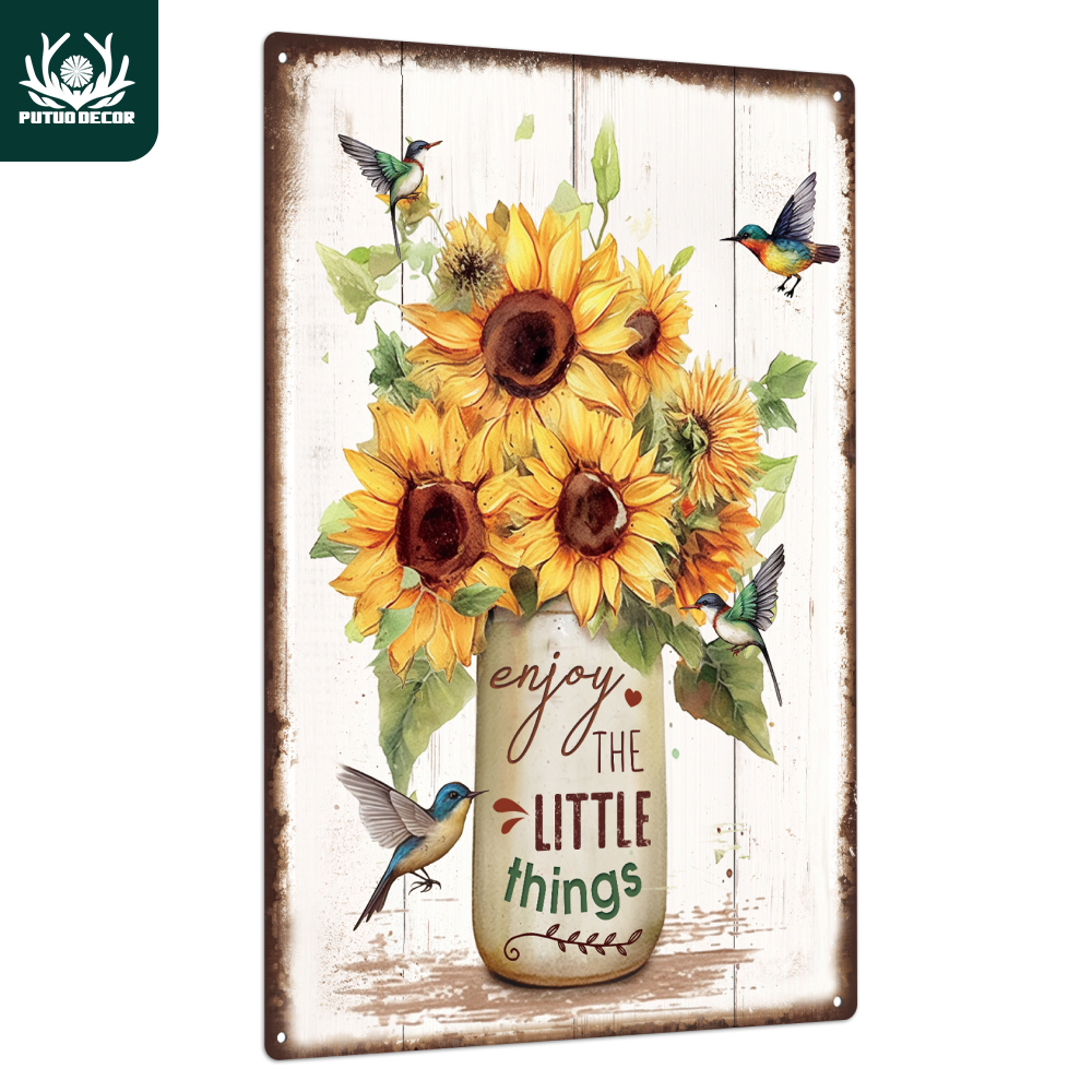 

1pc, Sunflower Metal Signs, Tin Plate Retro Plaque Painting Hummingbird Poster Vintage Decoration Iron Wall Art Decor For Home Living Room Bedroom Farm, 7.8 X 11.8 Inches