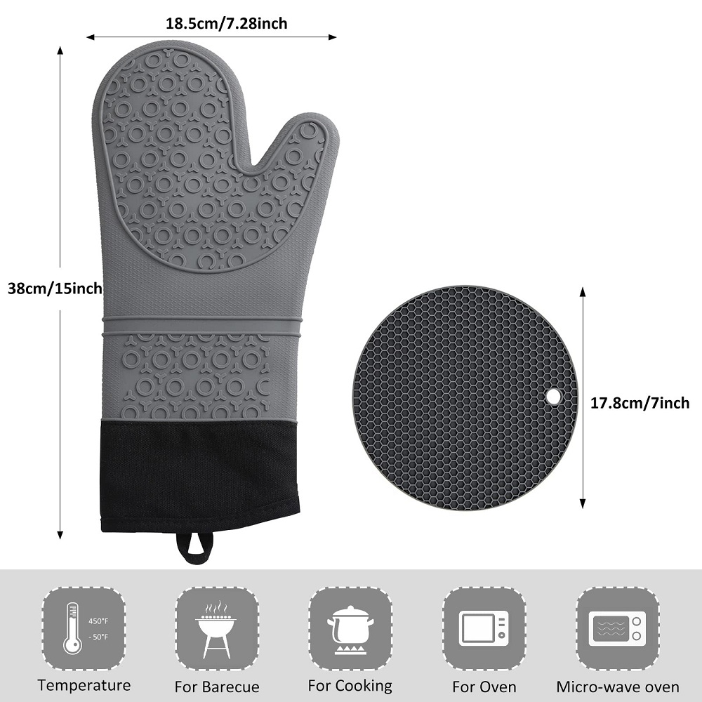 Hot Pads Extra Long Black Silicone Oven Mitts And Pot Holders Sets