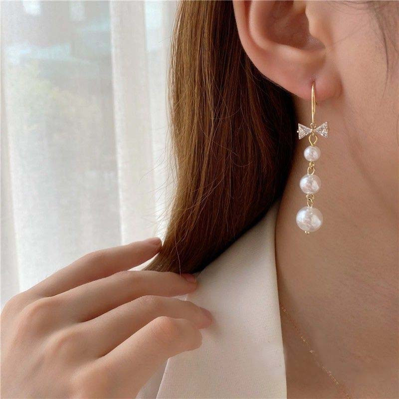 Full Shiny Rhinestone Inlaid Bow Faux Pearl Decor Dangle Earrings Elegant  Sexy Style Delicate Female Gift