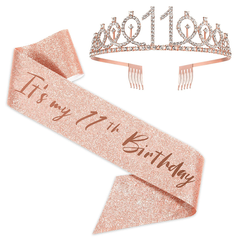 Presentes de aniversário de 11 anos para meninas, tiara de 11º aniversário  e faixa roxa, artigos de festa de aniversário de 11 anos felizes, 11 e  fabulosa faixa de cetim com glitter