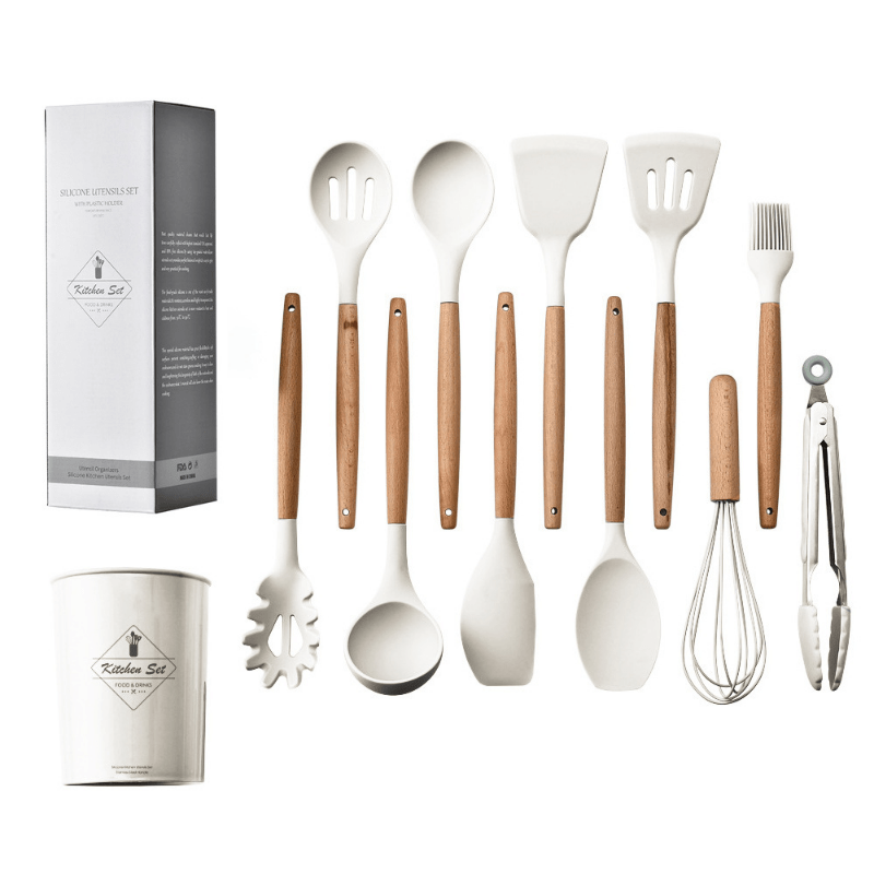 Non-stick Silicone Kitchenware Set With Milk White Wooden Handles - Perfect  For Cooking And Baking! - Temu