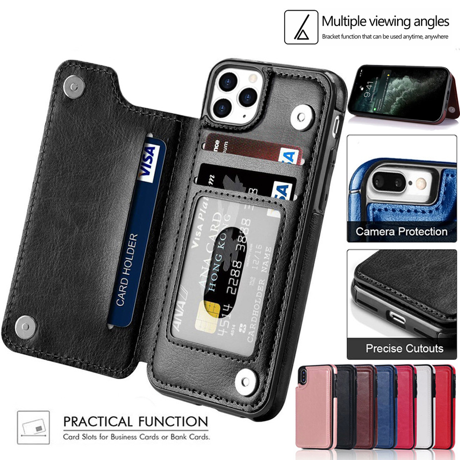 iPhone Wallet Case with Card Holder Premium Leather Double Magnetic Buttons  Credit Card Slot Shockproof 15 Pro Max 14 13 12 11 XS X 8 Plus 7 6S Back  Cover
