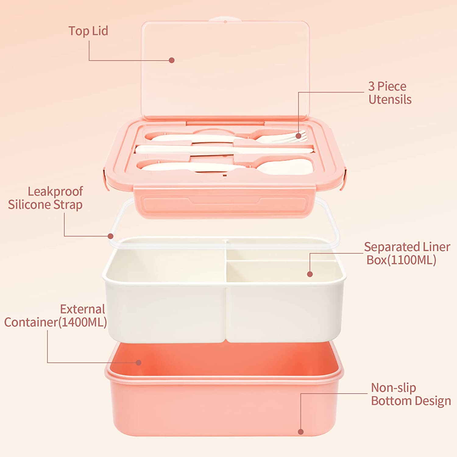 1pc Bento Box Adult Lunch Box 1100ml With Fork And Spoon Ideal