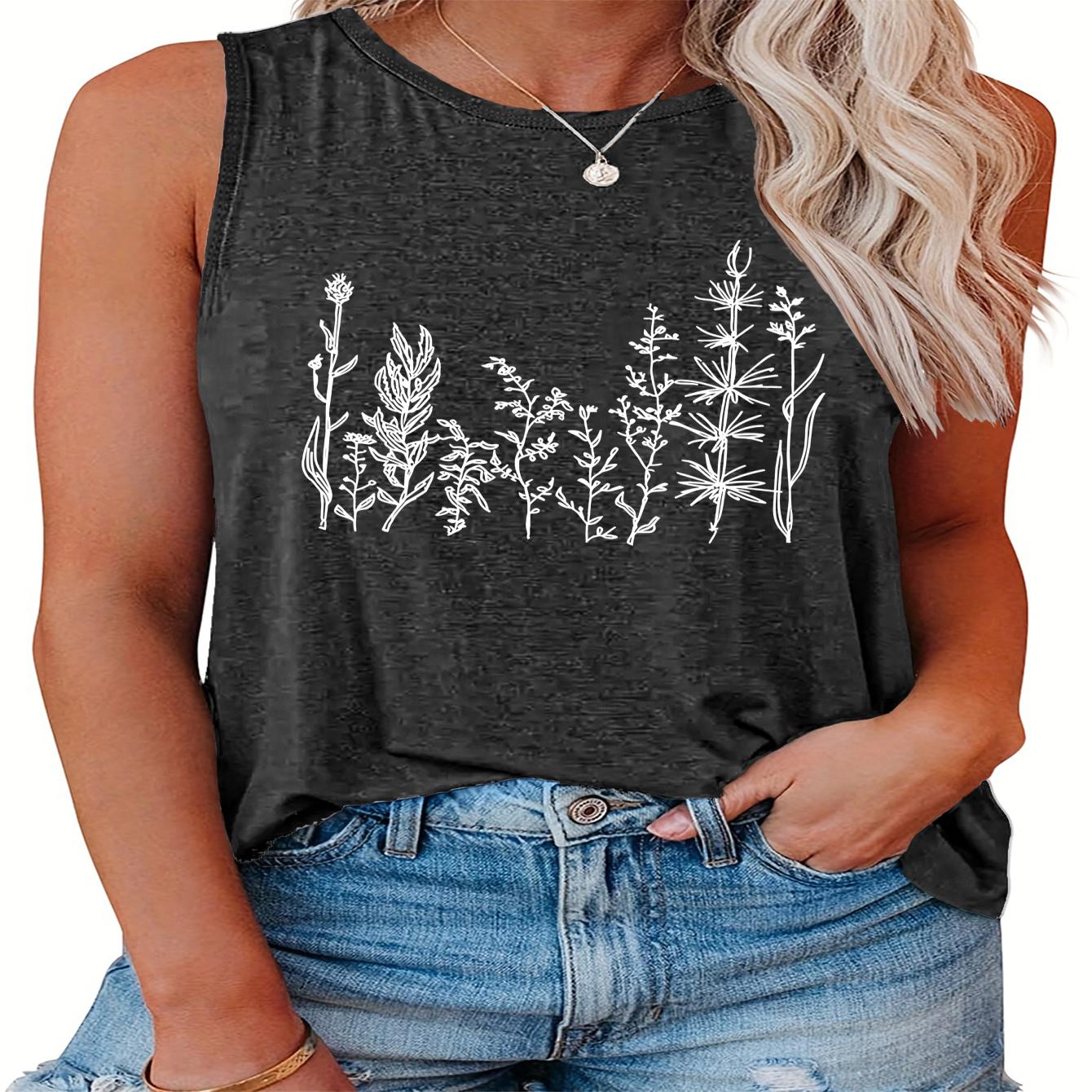 

Plus Size Casual Tank Top, Women's Plus Floral Print Round Neck Slight Stretch Tank Top