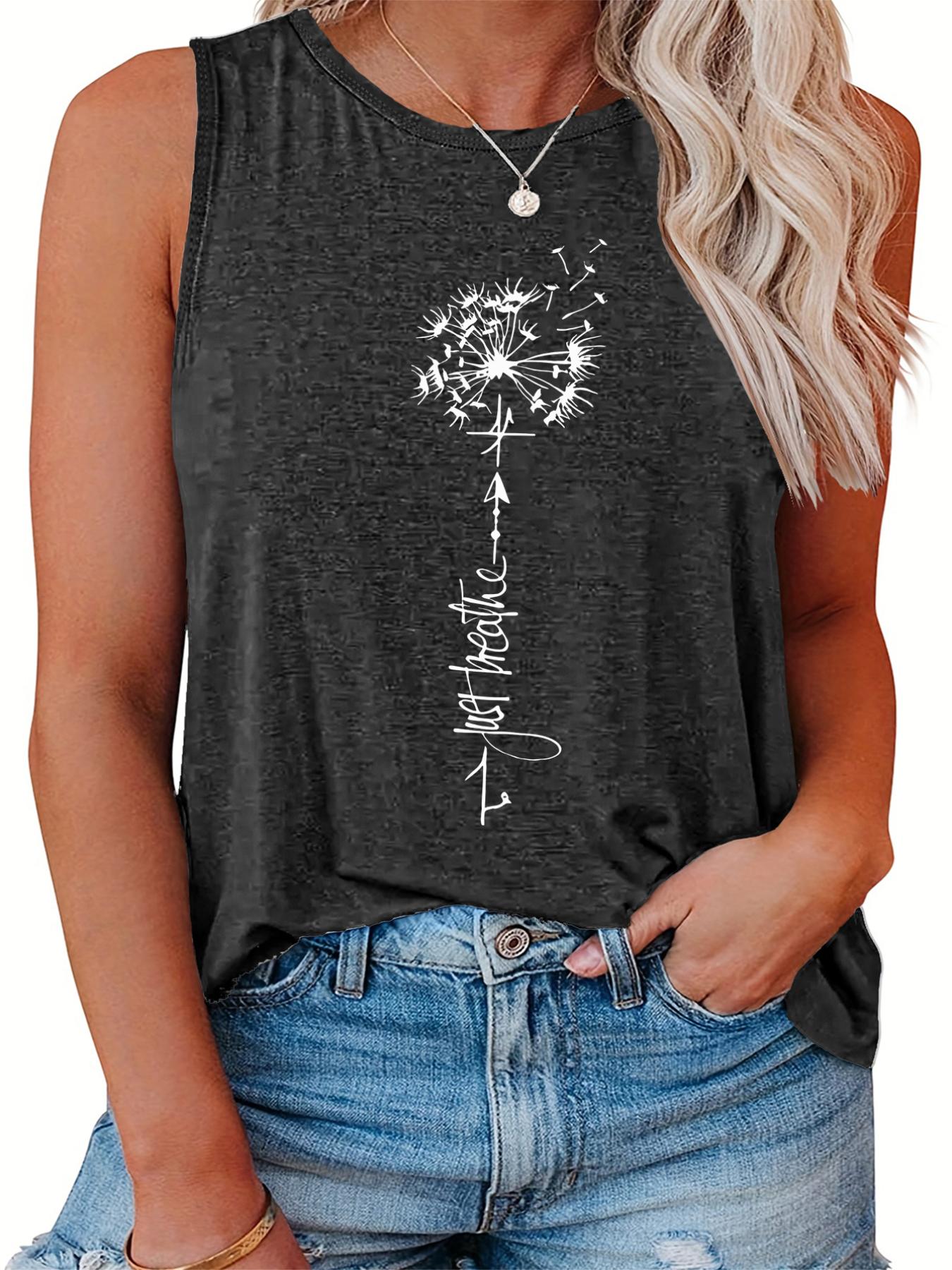 Casual Tank Top Women's Plus Letter & Dandelion Print Round Neck