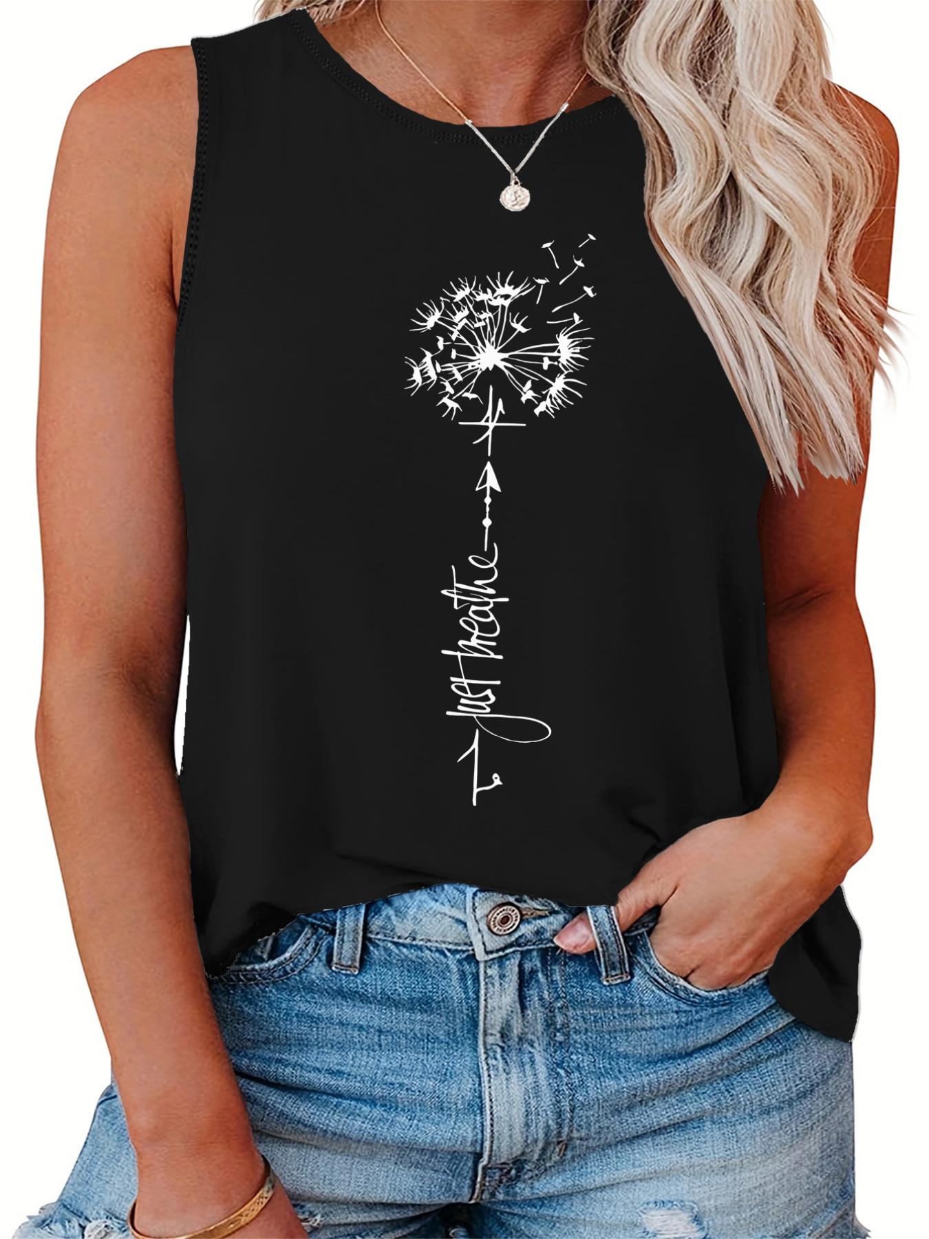 Casual Tank Top Women's Plus Letter & Dandelion Print Round Neck