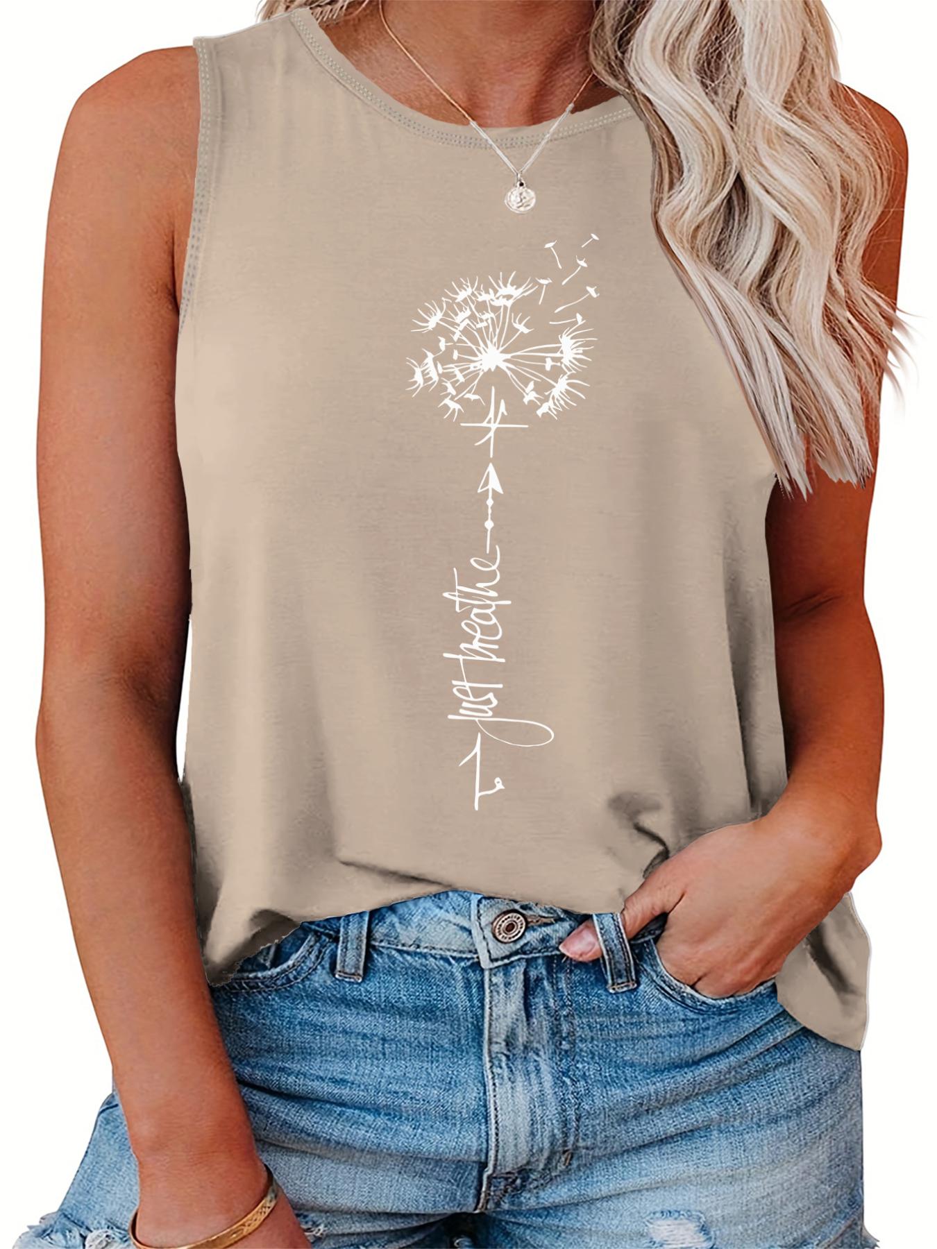 Casual Tank Top Women's Plus Letter & Dandelion Print Round Neck