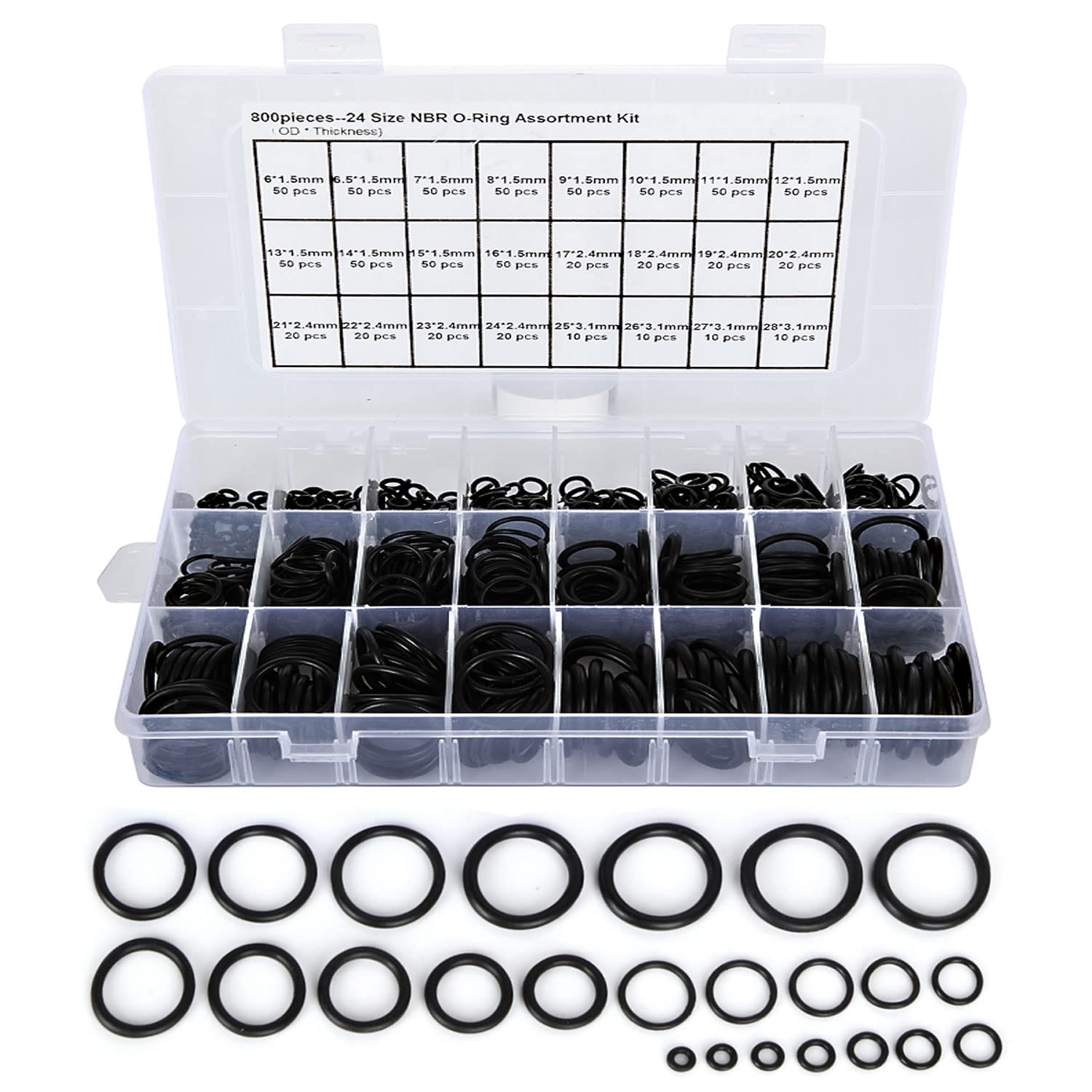 1200 Pieces 24 Sizes Car O-Ring Rubber Assortment Kit Black Set