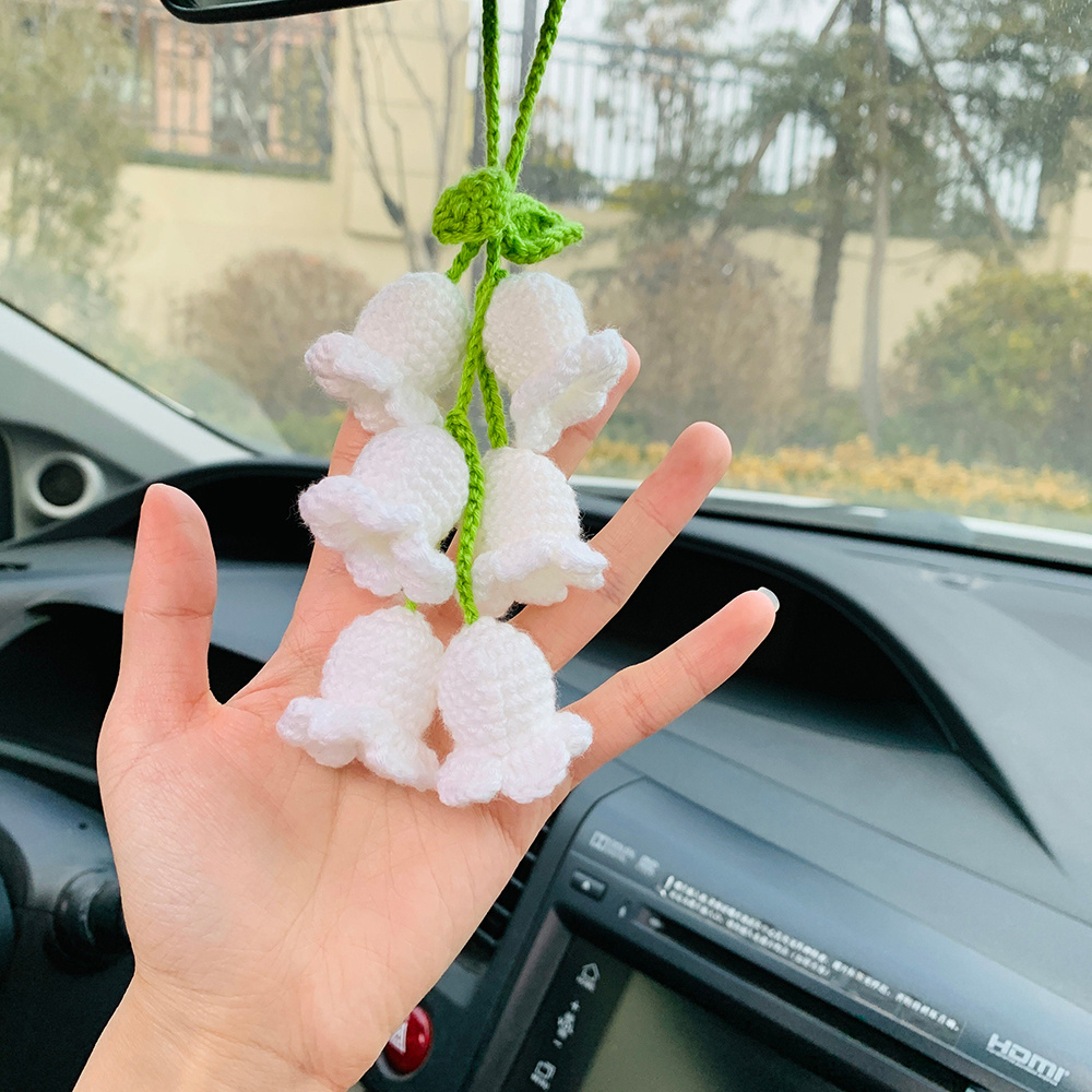 Handmade Knitted Lily of The Valley Flower Car Mirror Hanging Charm Decor Keychain Keyring for Women Girl,Key Chain,Key Fob,Looking Glass,Temu