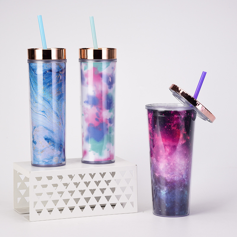 Ins Double Layer Tumbler Water Drinking Cup With Straw Bottle Cute  Colourful Reusable Plastic Gift Present Hadiah - Temu