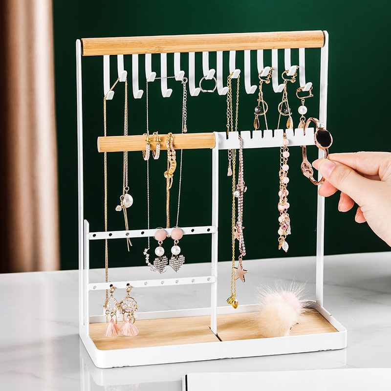  Jewelry Holder Organizer, 5-Tier Earring Organizer Stand with  48 Holes & Wood Ring Tray, 6 Hooks Necklace Bracelets Holder Tree, White  Jewelry Display Rack & Tower for Stud Watch, Aesthetic Room