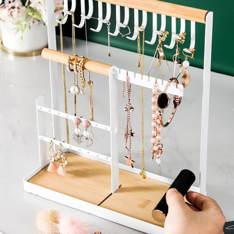 ECHOSAMEN Jewelry Stand Small 4 Tiers, Jewelry Organizer Stand with 15  Hooks Necklace Organizer and Watch Bracket Holder, 16 Holes for Earring