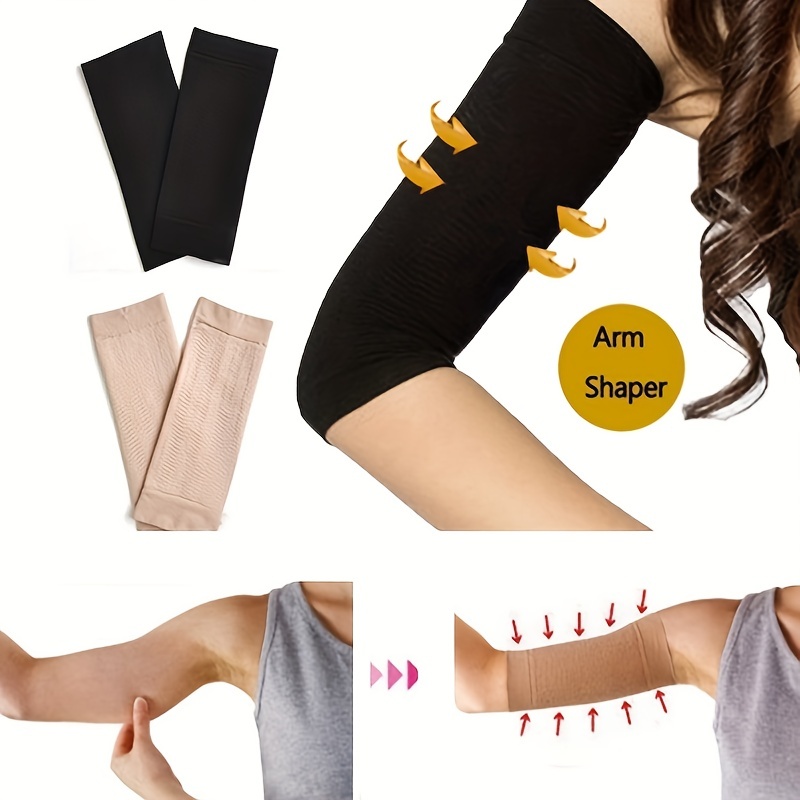  2 Pair Elastic Compression Arm Sleeves Women Weight Loss  Calories Slimming Arm Shaper Massager Arm Belt Slimming Compression Arm  Shaper Helps Shape Upper Arms Sleeve for Sport Fitness, Black + Nude 