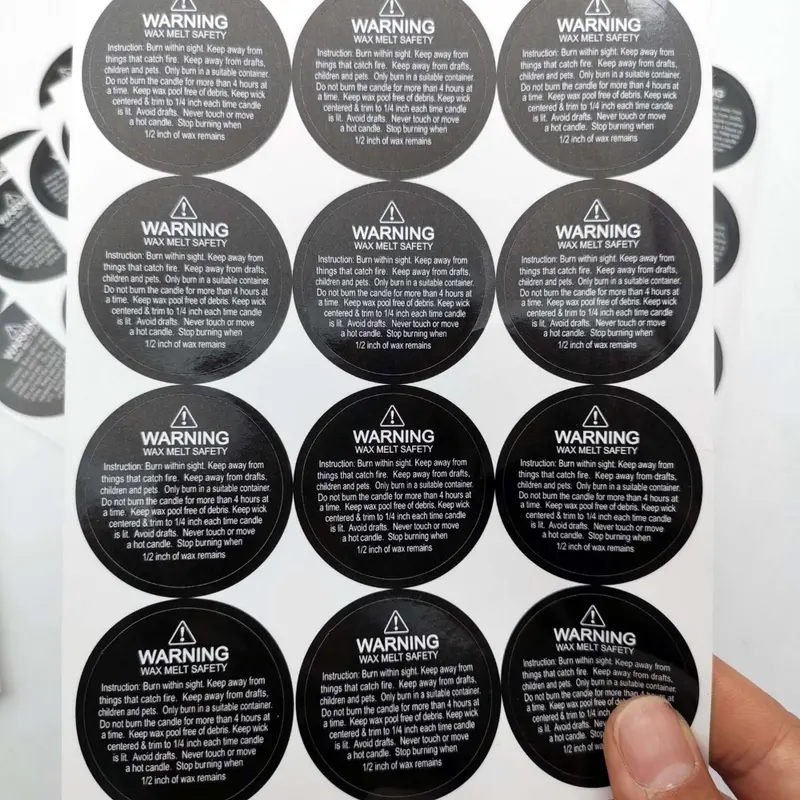 Candle Warning Stickers, 1.5 Round Label, 300 Labels, Black and White Text, Sticker Decal for Candle Jars, Tins and Votives