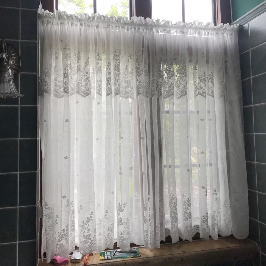 1pc Rustic White Lace Floral Embroidered Sheer Tier Short Curtain For Kitchen, Polyester, Rod Pocket Hanging, Unlined, Curtains For Kitchen