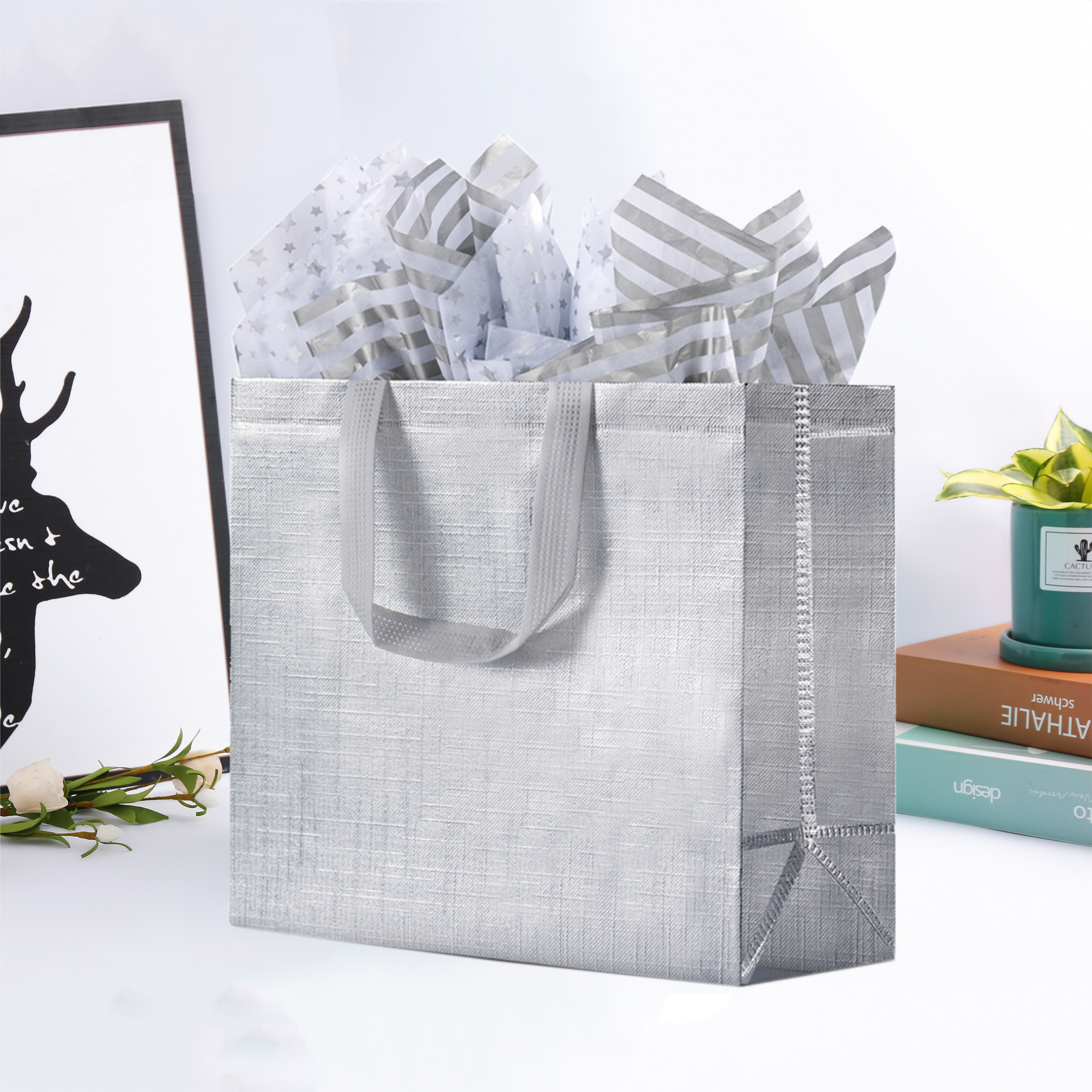 Silvery Gift Bags With Tissue Paper Kraft Paper Bags With - Temu