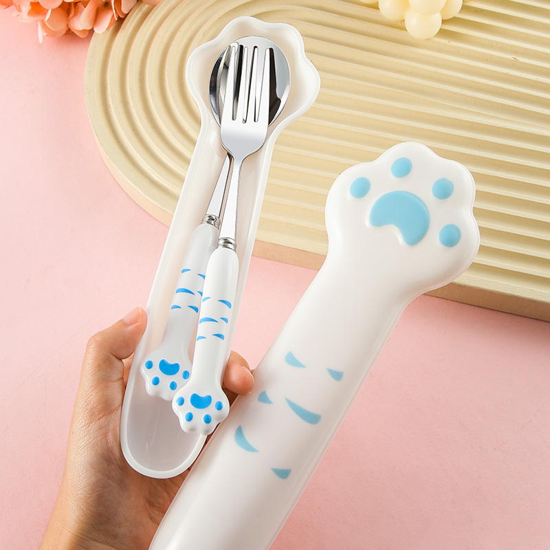 3pcs/set Stainless Steel Flatware Set(1pc Storage Box), Cute Cat