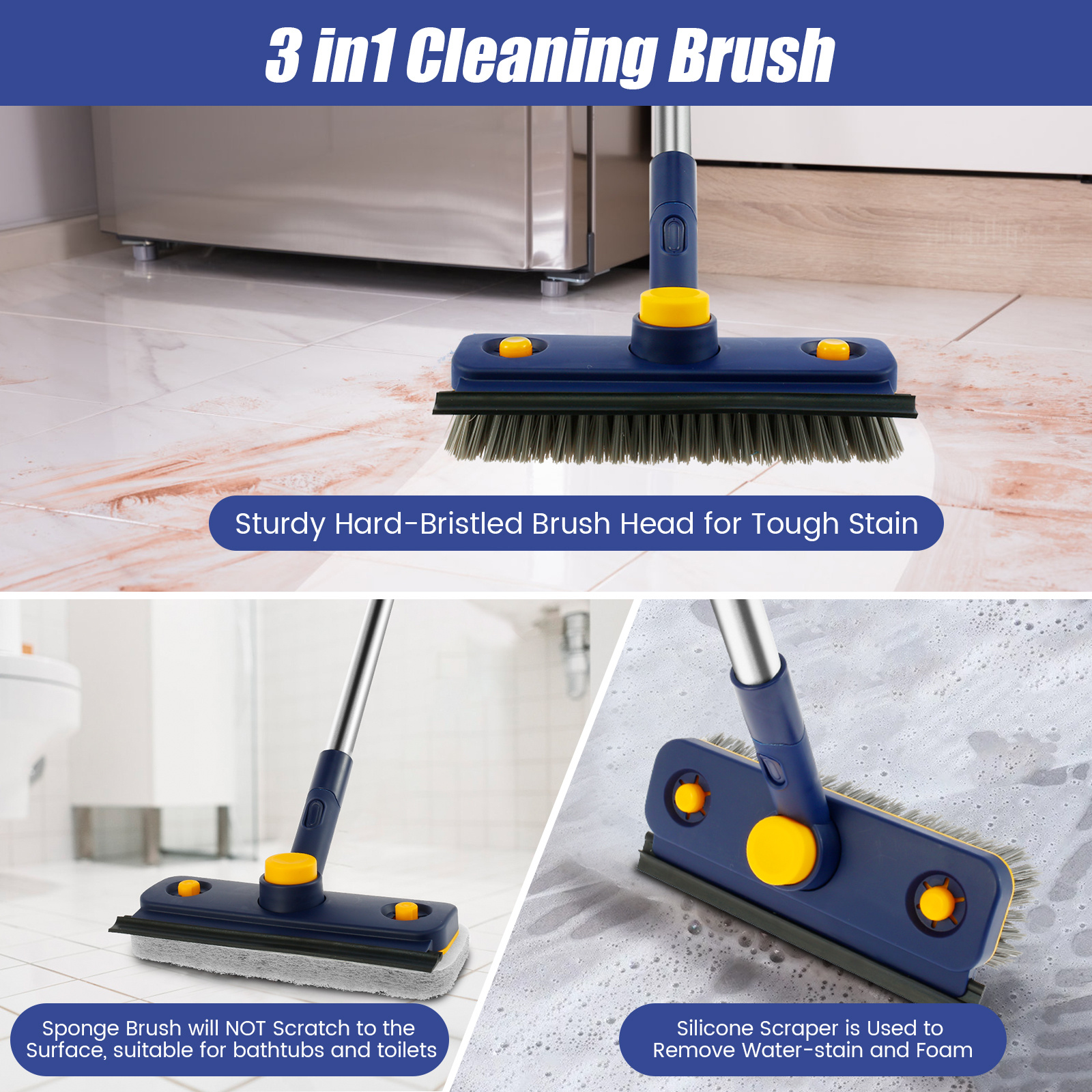2 in 1 Scrub Cleaning Brush with 37” Long Extendable Handle,AIYoo Floor  Scrubbing Brush,1 Stiff Bristle and 3 Sponge Brushes for Cleaning Tile