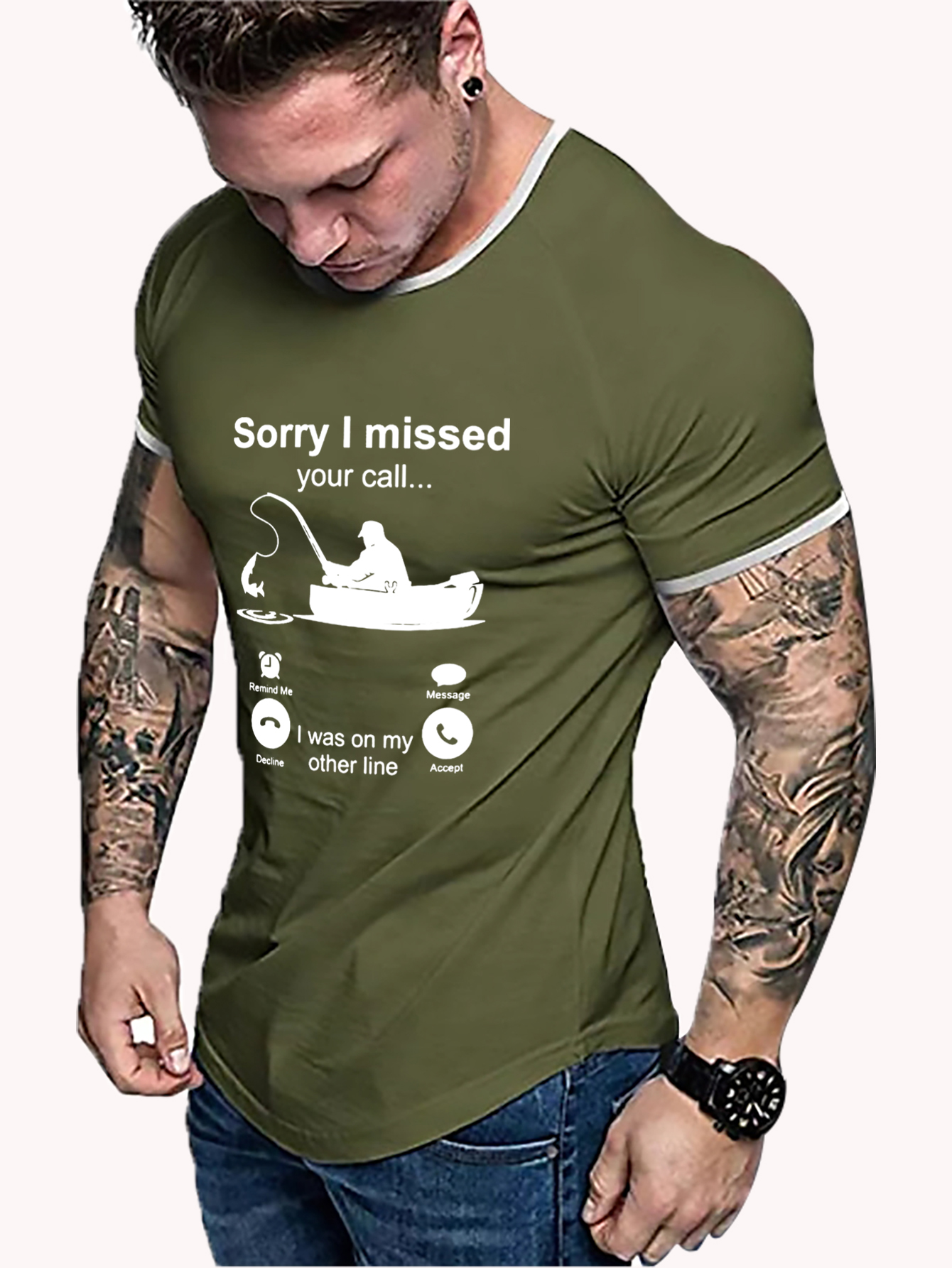 Men's Fishing Themed Missed Call Printed T-Shirt Gym Clothes Men