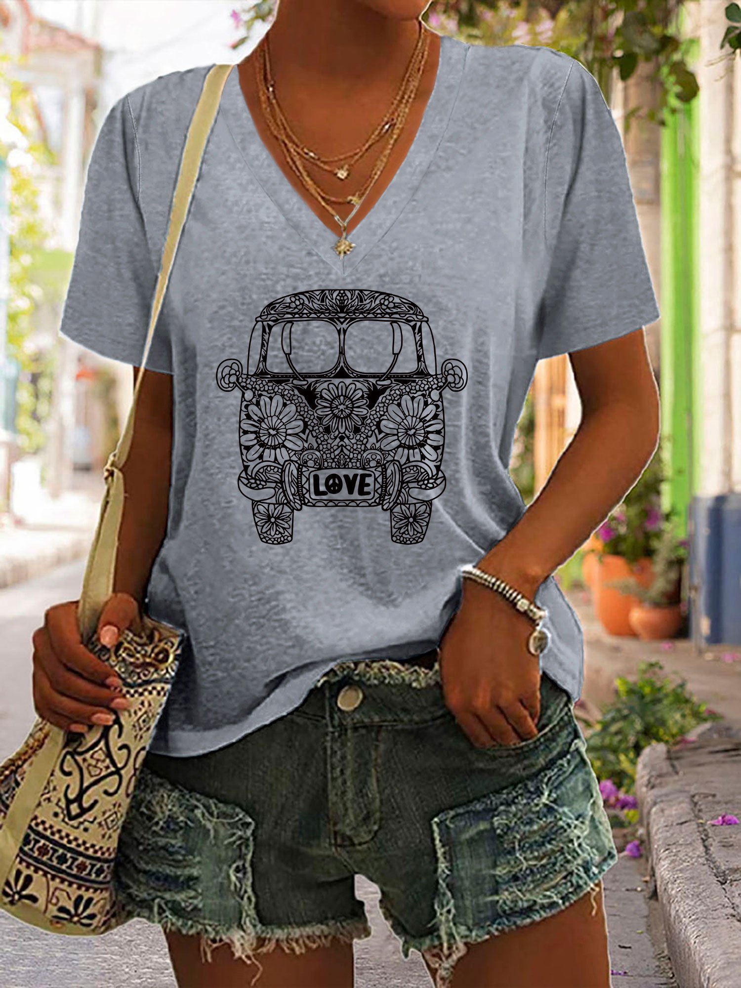 Camiseta com estampa hippie Van blusa casual de verão com - Temu Portugal