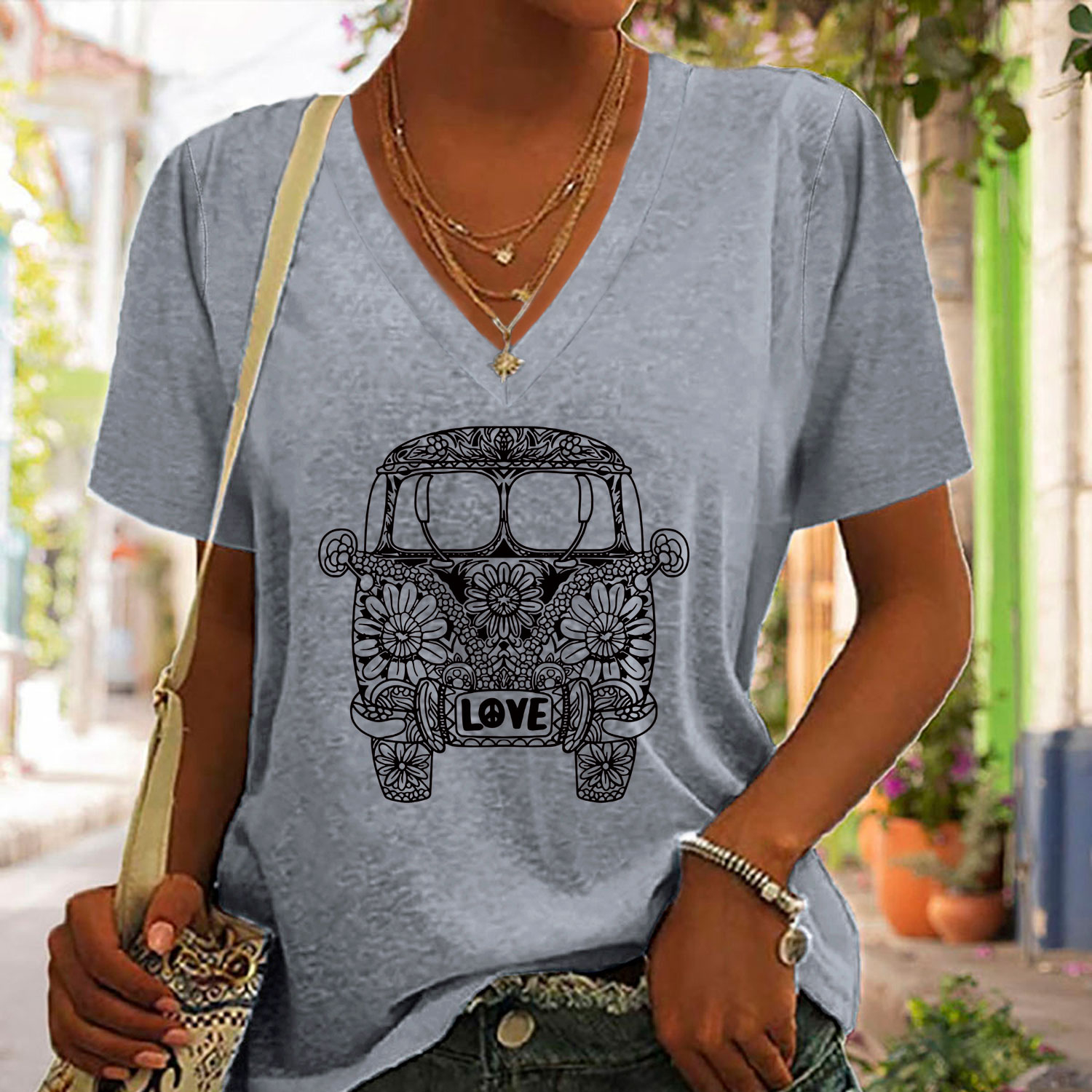

Hippie Van Print T-shirt, V Neck Short Sleeve Summer Casual Top, Women's Clothing