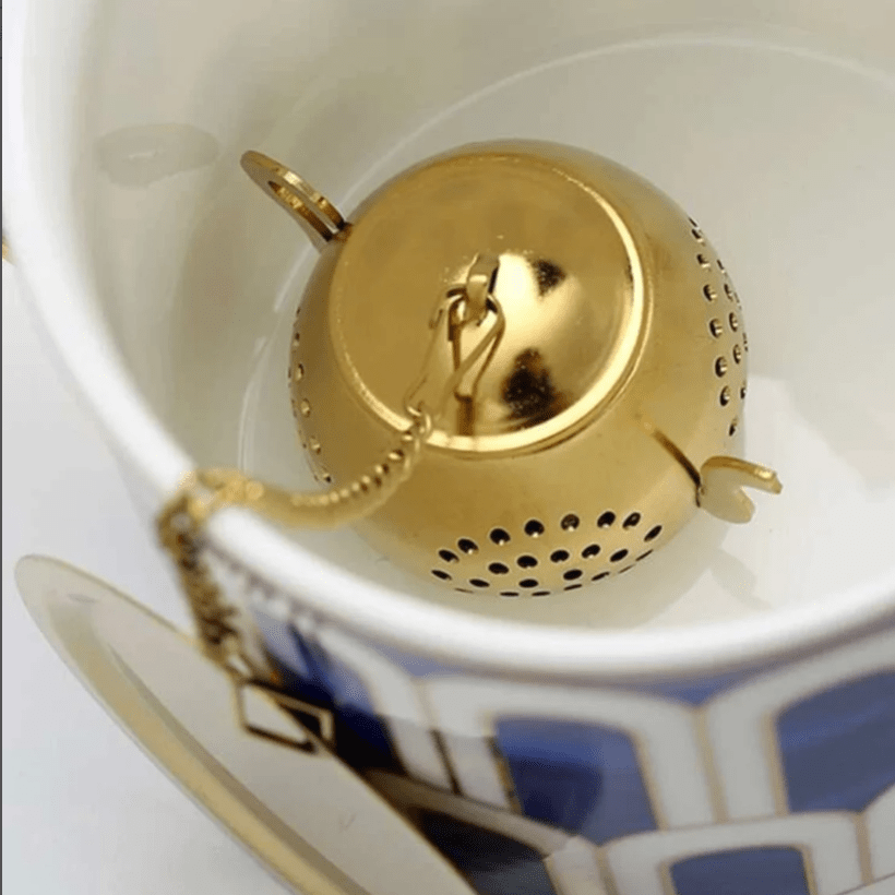 1pc elegant golden 304 stainless steel tea strainer with decorative handle fine mesh infuser for loose leaf tea   home and office use home tea accessory intricate patterns sophisticated   tea infuser details 1