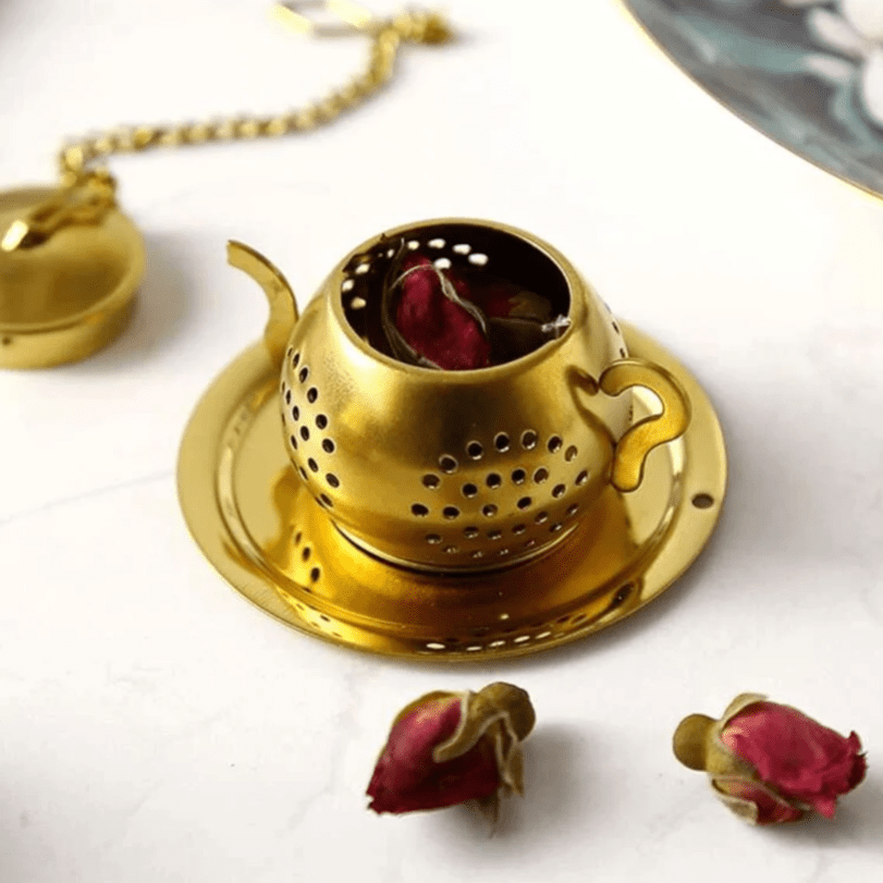 1pc elegant golden 304 stainless steel tea strainer with decorative handle fine mesh infuser for loose leaf tea   home and office use home tea accessory intricate patterns sophisticated   tea infuser details 4