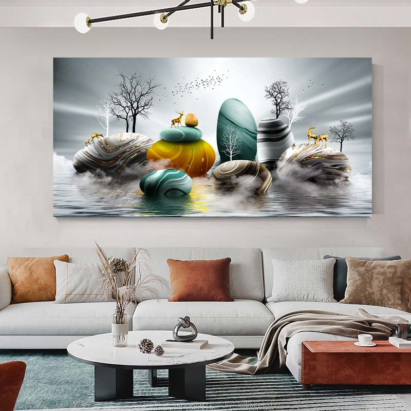 1pc Frameless Chinese Feng Shui Golden Rich Tree Canvas Painting Wall Art  Deer Landscape Lucky Stone Posters Wall Art For Living Room Decor, No Frame, Today's Best Daily Deals