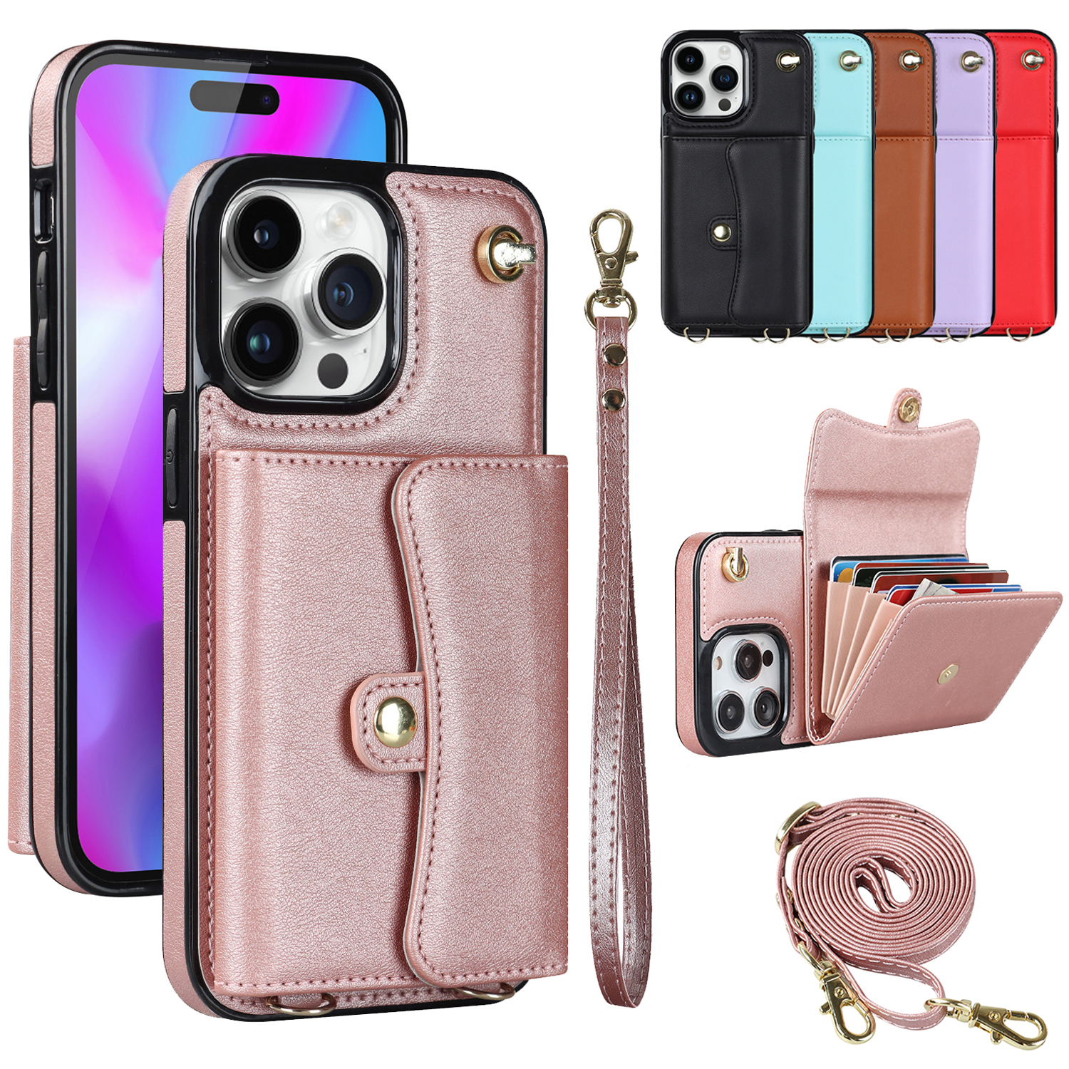 Crossbody Wallet Phone Case For Iphone 15 14 13 12 11 Pro Max X Xr Xs Max  Se 2022 7 8 Plus,credit Card Holder Phone Case With Strap,pu Leather Phone  Case With Lanyard Zipper Flip Cover - Temu