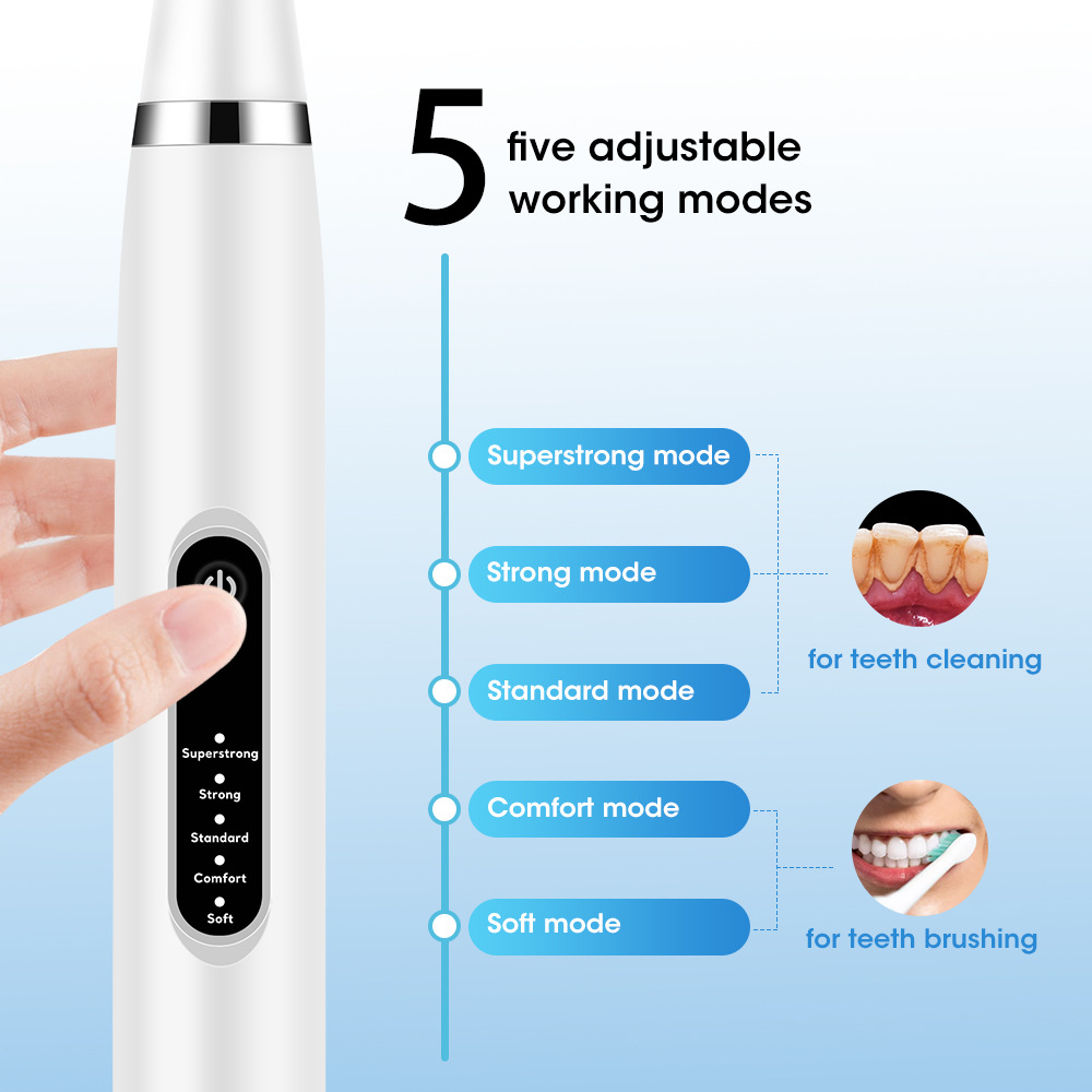 waterproof ultrasonic electric dental calculus remover with 5 modes and 3 replaceable toothbrush heads for whitening and cleaning at home and travel details 2