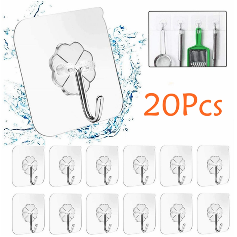 20Pcs Double-Sided Adhesive Wall Hooks Hanger Strong Transparent Hooks  Suction Cup Sucker Wall Storage Holder For Kitchen Bathroo 