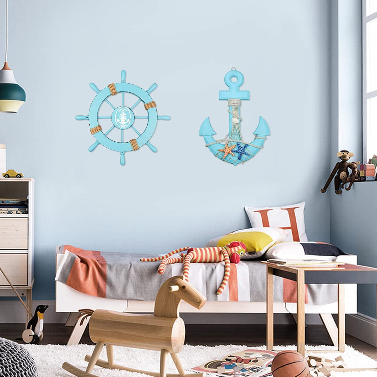 WINOMO Wooden 23cm Beach Boat Ship Steering Wheel Fishing Net Home Wall  Decoration (Blue)