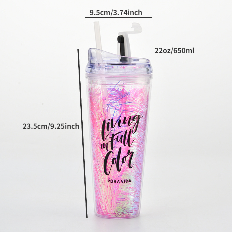 1pc Colorful Double Layer Fashion Tumbler With Soft Straw, Plastic Water  Bottle For Household