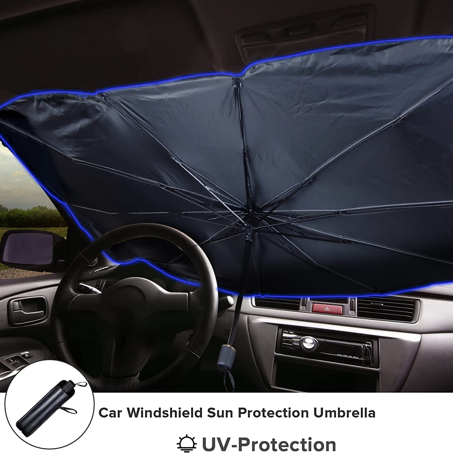 Premium Foldable Car Windshield Sun Shade Umbrella, Center Console