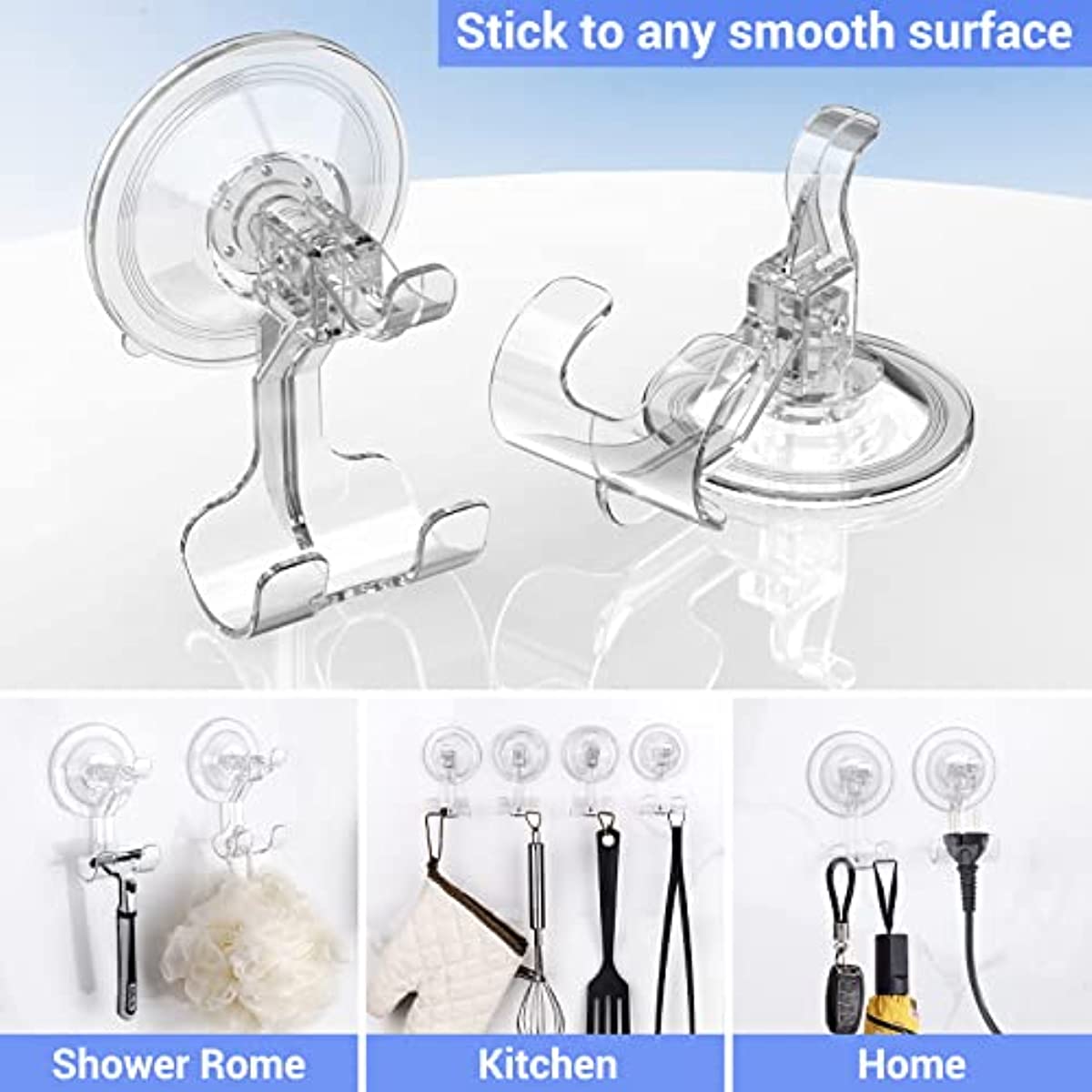 Suction Hooks Powerful Vacuum Suction Cup Hooks - Heavy Duty Shower Hooks -  Waterproof Suction Hanger for Bathroom, Kitchen Towel, Bathrobe, Loofah -  Removable and Reusable Hooks for Bags, Coats (6 Pack)