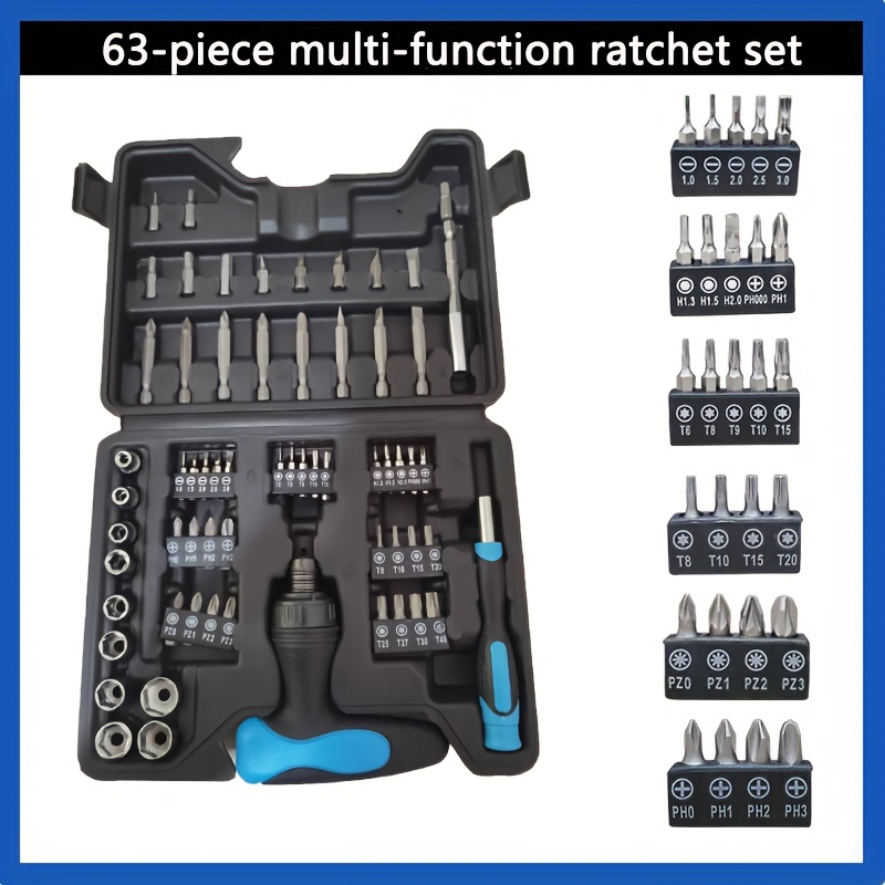 

63pcs/set Multi-functional Ratchet Bit Set - Get Precision Driving With Universal Cross Slotted Tools!