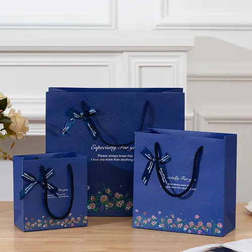 Royal Blue Paper Bag Marble Pattern Tote Ribbon Gift Bag - Temu