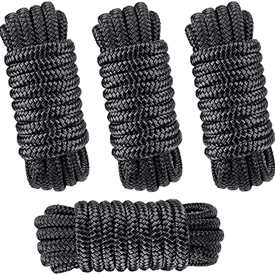 Five Oceans 4-Pack 1/2 inch x 15' Boat Dock Lines with 12 inch Eyelet, Marine-Grade Black Premium Double Braided Nylon Boat Rope 1/2 inch, Boat Ropes