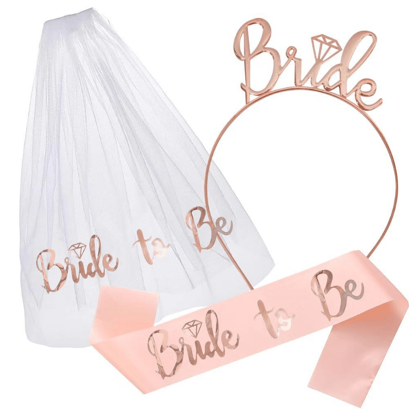 Bride to Be Set, 3pack Bride to Be Sash & Headband Tiara & Shoulder Length  Veil Bachelorette Party Supplies Bridal Shower Decoration Accessories