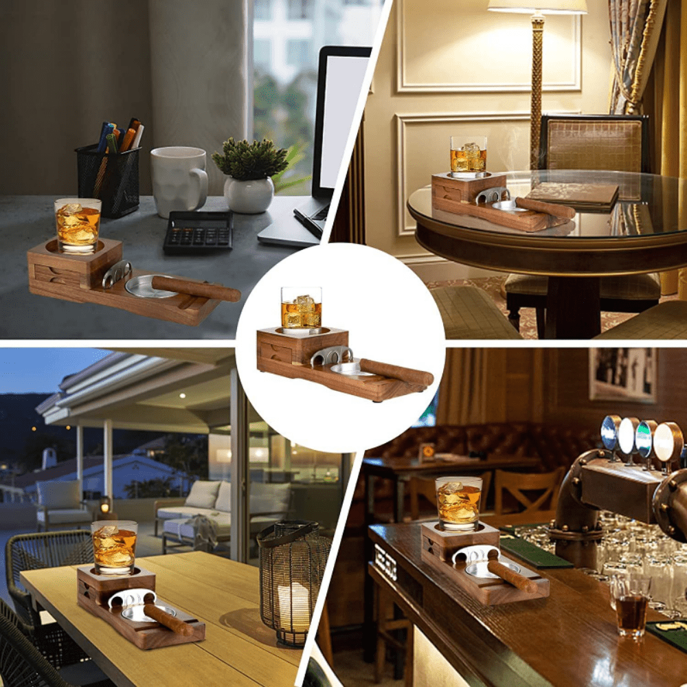 Rhoyee Luxus Zigarren Aschenbecher Set mit Whiskey Glas Tablett Abnehmbare  Holz Aschenbecher Zigarren Zubehör für Männer - Indoor und Outdoor