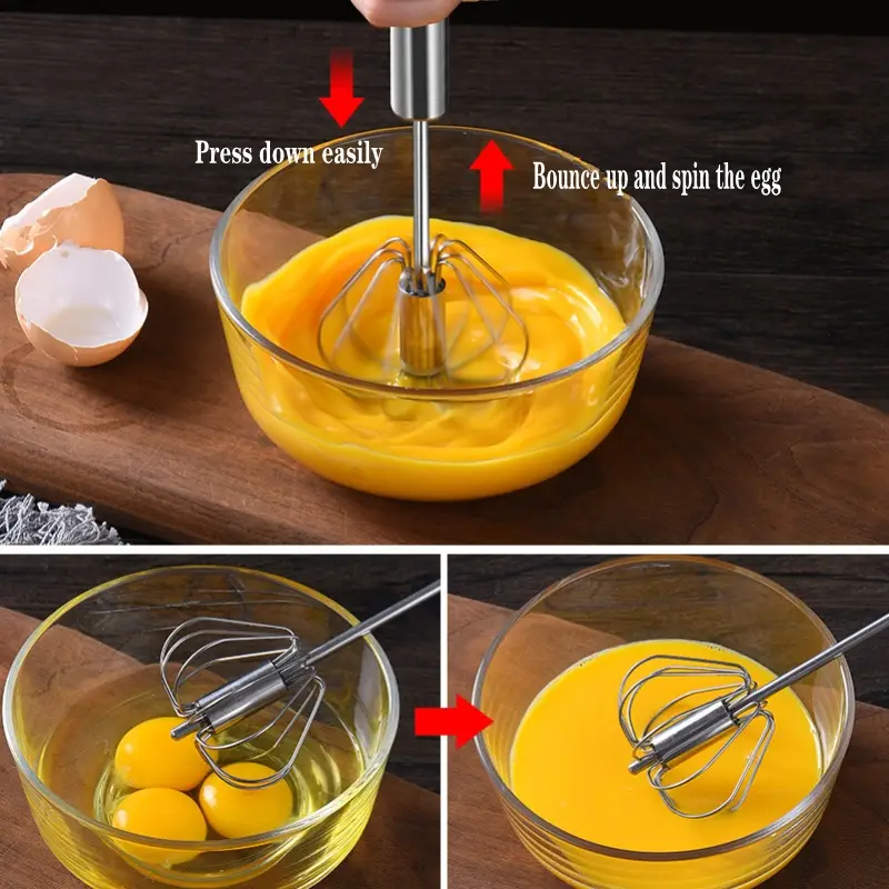 Semi Automatic Egg Whisk, Stainless Steel Hand Push Whisk, Egg