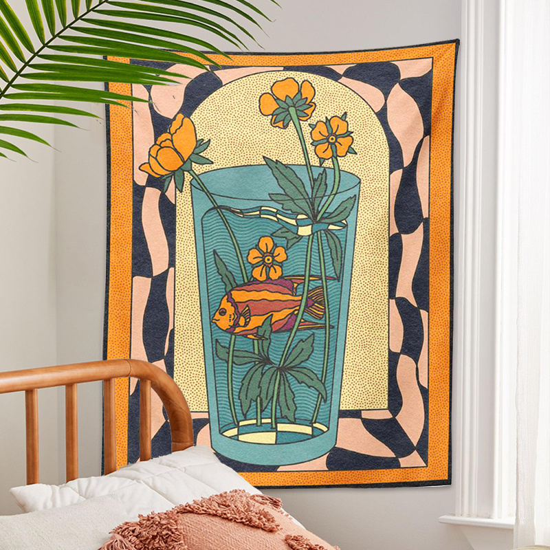 Image of 1pc Of Vintage-style Tapestry Wall Art Featuring A Psychedelic Vase With Goldfish And Flowers, Designed As A Minimalist Bohemian Mural