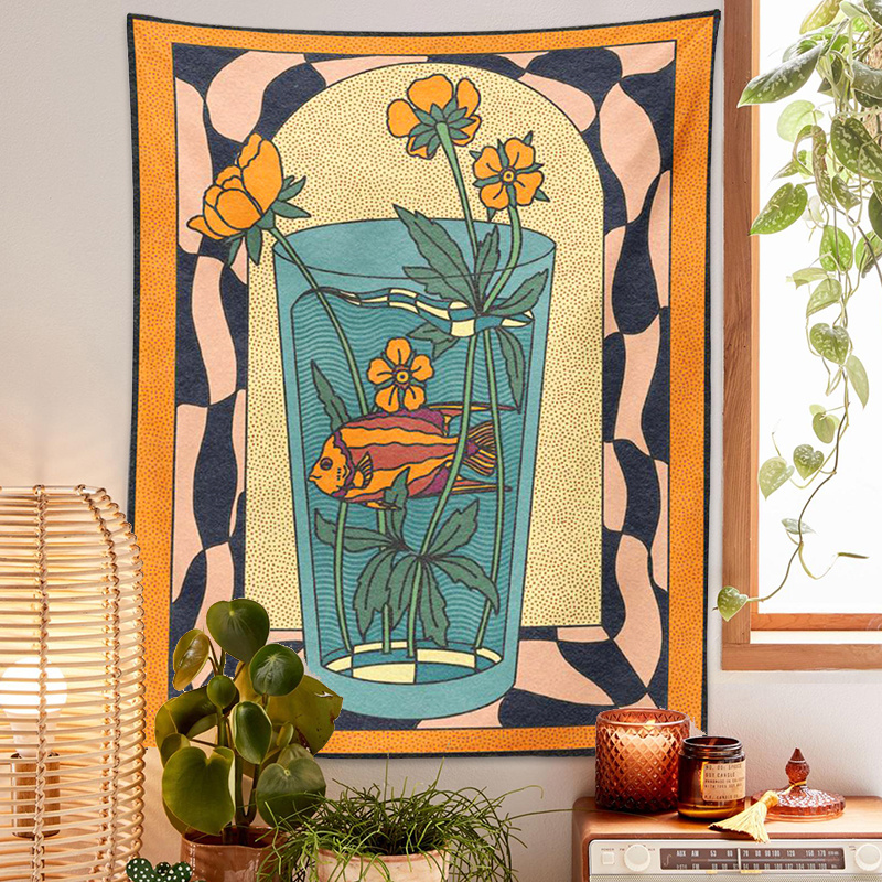 Tenture murale vintage style psychedelique vase poisson et fleur_voghion.com