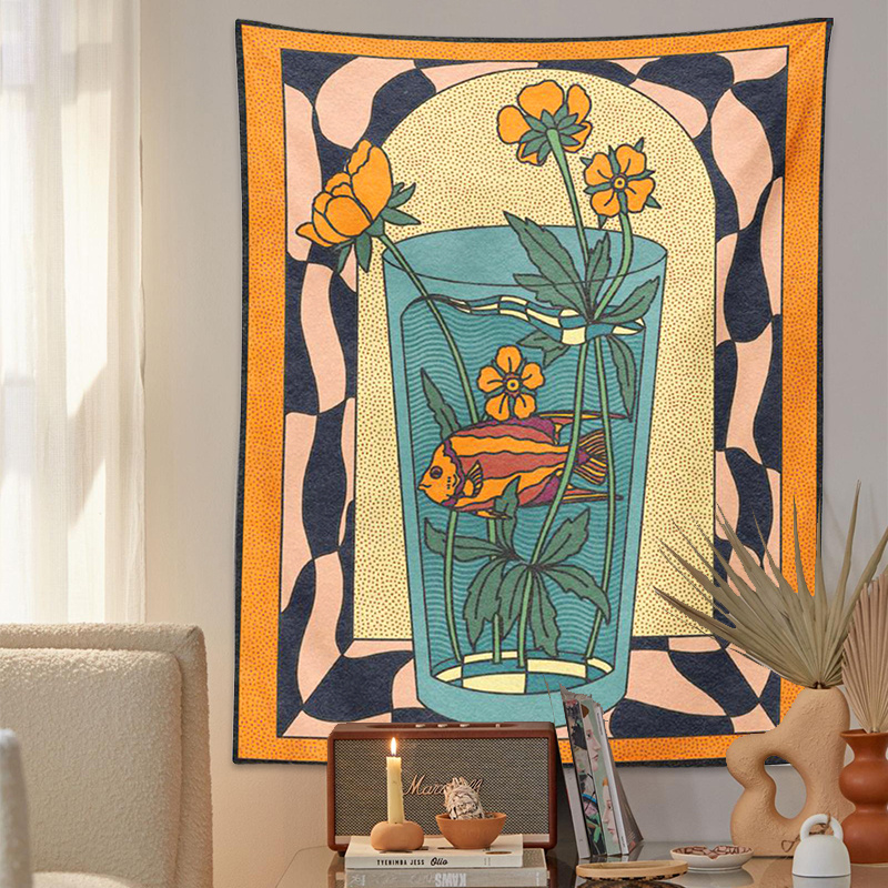 Tenture murale vintage style psychedelique vase poisson et fleur_voghion.com